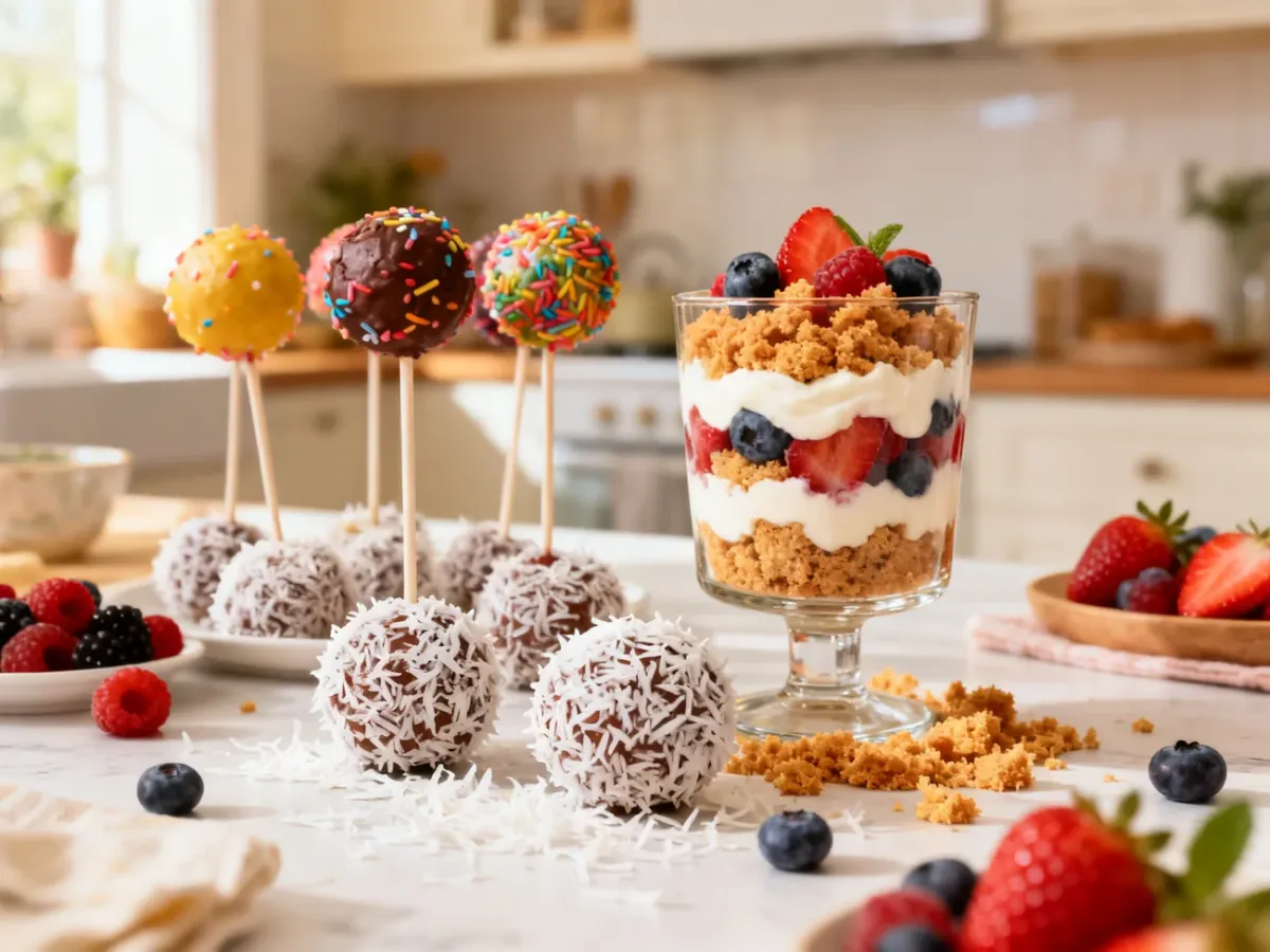 Desery przygotowane z zakalca: bajaderki, cake-pops i deser warstwowy w pucharku