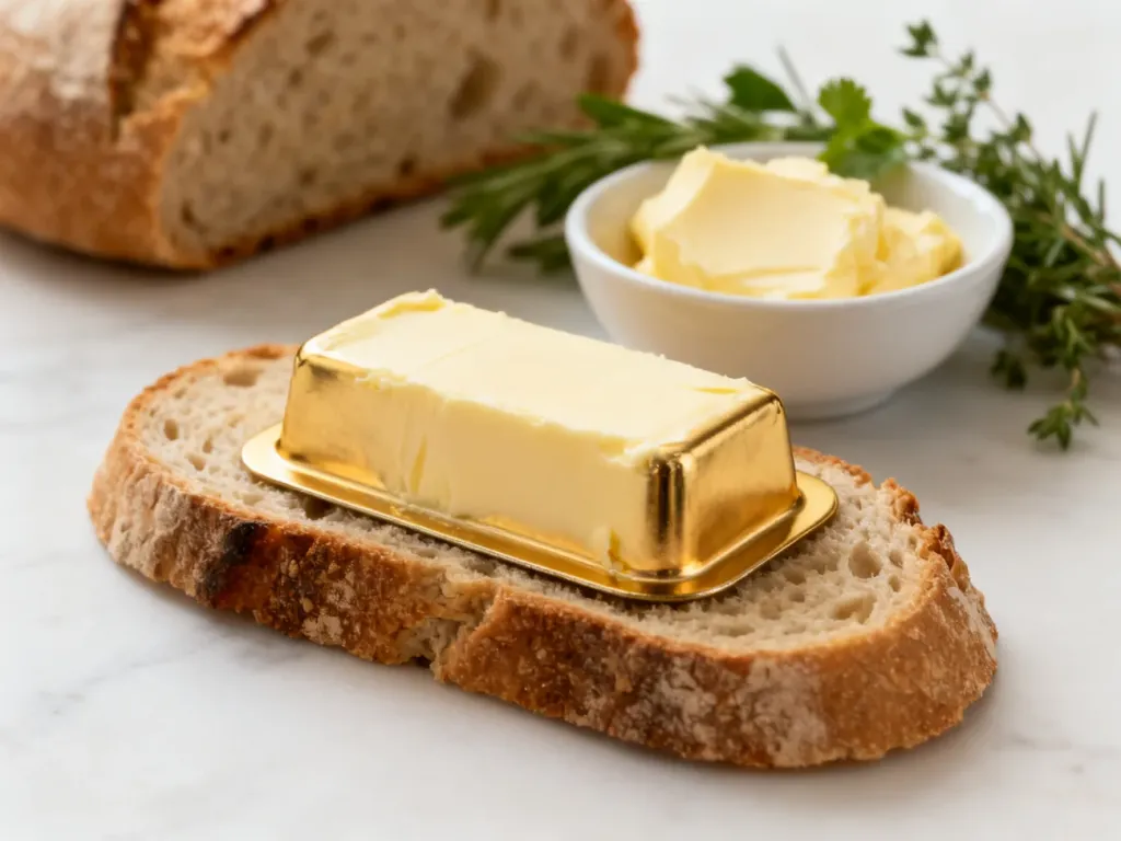 Złota porcja masła na kromce wiejskiego chleba obok miseczki z ziołami w słonecznej kuchni.