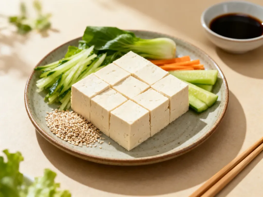 Pokrojone tofu na talerzu z warzywami i sosem sojowym, prezentujące zdrowy i zbilansowany posiłek.