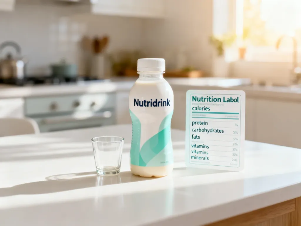 Butelka suplementu diety typu Nutridrink z kartą wartości odżywczych na jasnym tle, podkreślająca skład produktu.