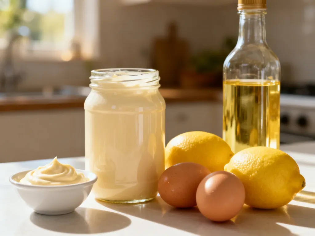 Słoik i miseczka z majonezem w otoczeniu świeżych jaj, cytryn oraz oleju, podkreślające naturalne składniki produktu.