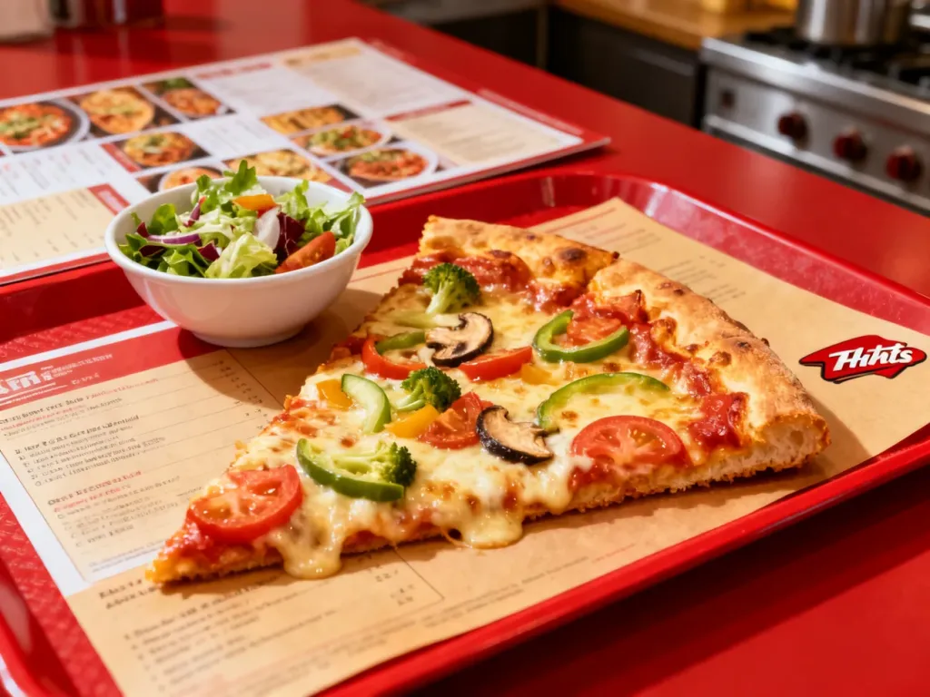 Kawałek pizzy w stylu Pizza Hut z warzywami i sałatką, prezentujący apetyczne dania z menu w ciepłym oświetleniu.