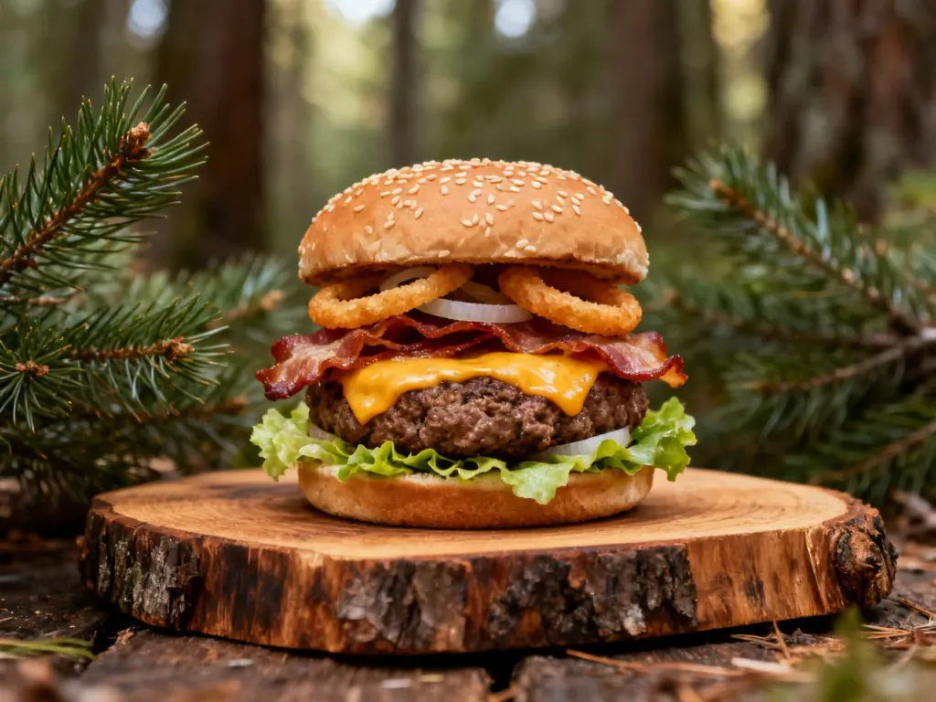 Apetyczny burger drwala z wołowiną, boczkiem i serem na drewnianej desce w leśnej scenerii.