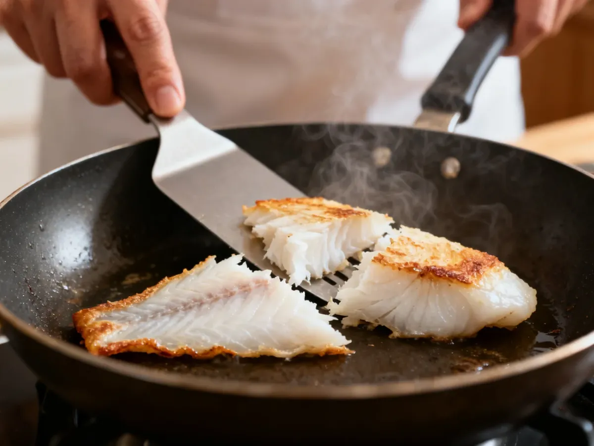 Delikatny filet rybny rozpadający się na patelni podczas smażenia