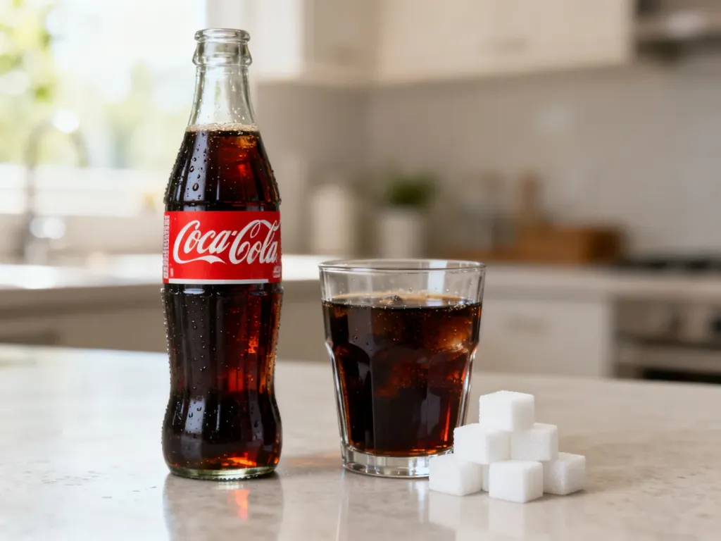 Szklana butelka Coca-Coli obok szklanki z napojem i sterty kostek cukru, obrazująca zawartość cukru w produkcie.