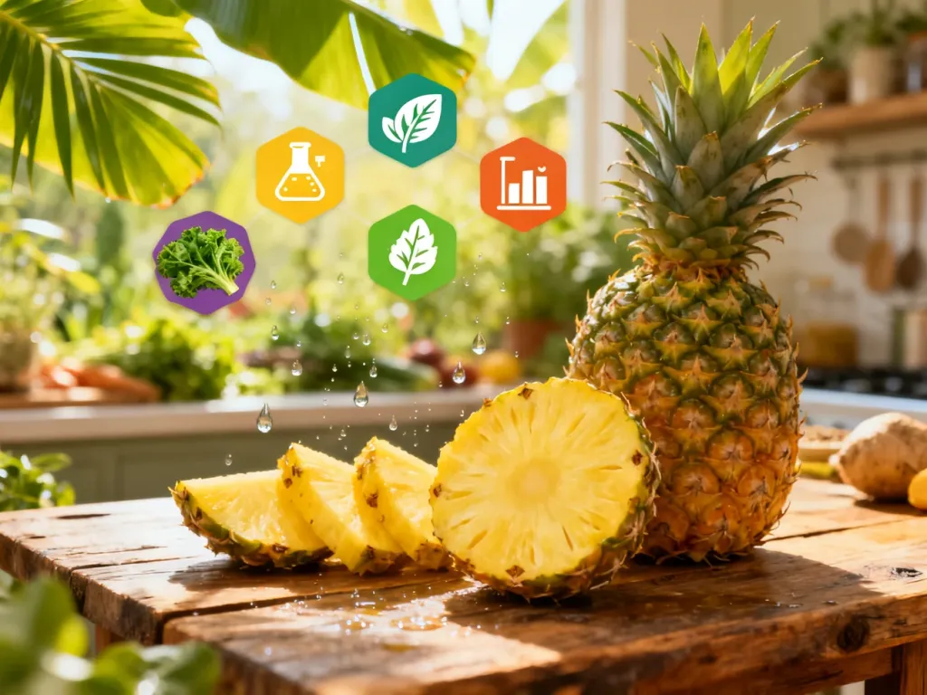 Świeży ananas i jego plastry na drewnianym stole w otoczeniu zdrowych składników, podkreślające wartości odżywcze owocu.