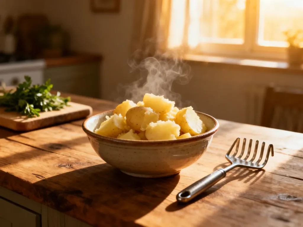Miska z rozgotowanymi ziemniakami i tłuczkiem na drewnianym blacie w promieniach słońca. Gotowe do przerobienia na purée.
