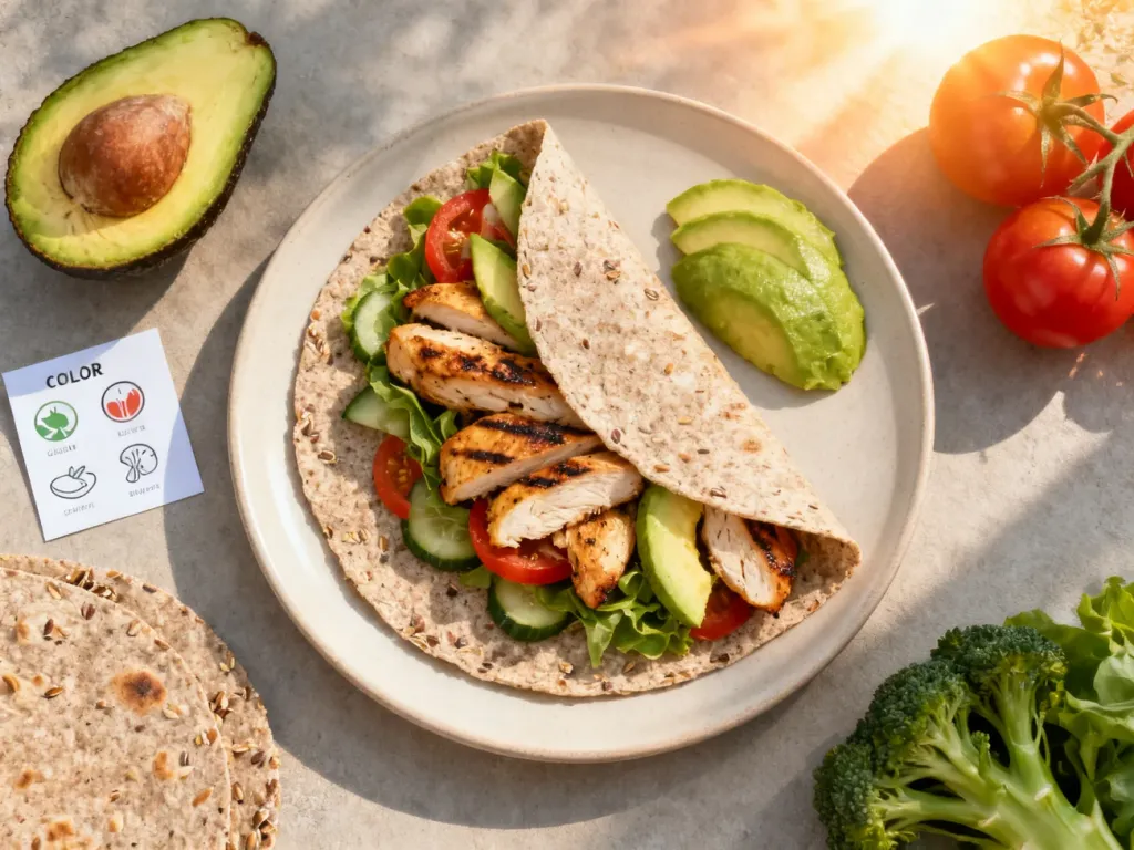 Pełnoziarnista tortilla z grillowanym kurczakiem i awokado na talerzu, symbolizująca zdrowy i zbilansowany posiłek.