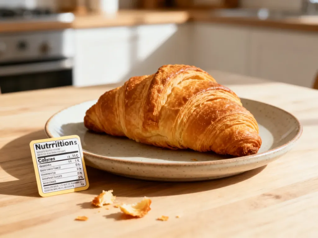 Świeżo upieczony croissant na talerzu obok etykiety z wartościami odżywczymi, podkreślający kaloryczność wypieku.