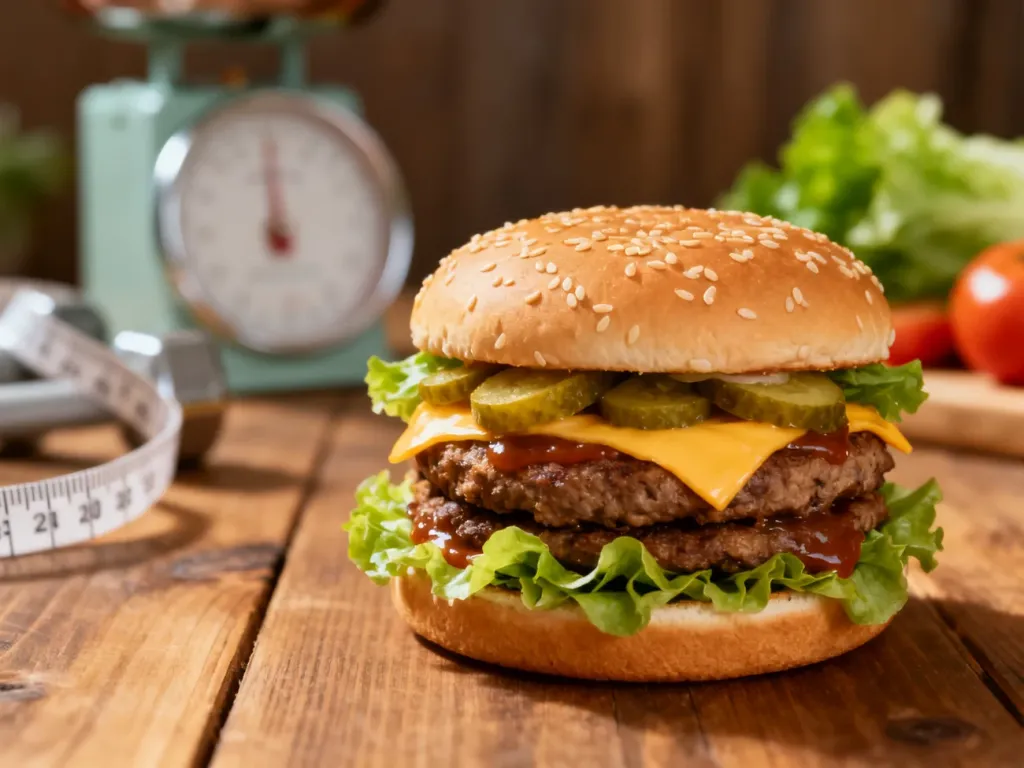 Apetyczny Big Mac na drewnianym stole w otoczeniu świeżych warzyw i wagi kuchennej, ilustrujący kaloryczność kanapki.