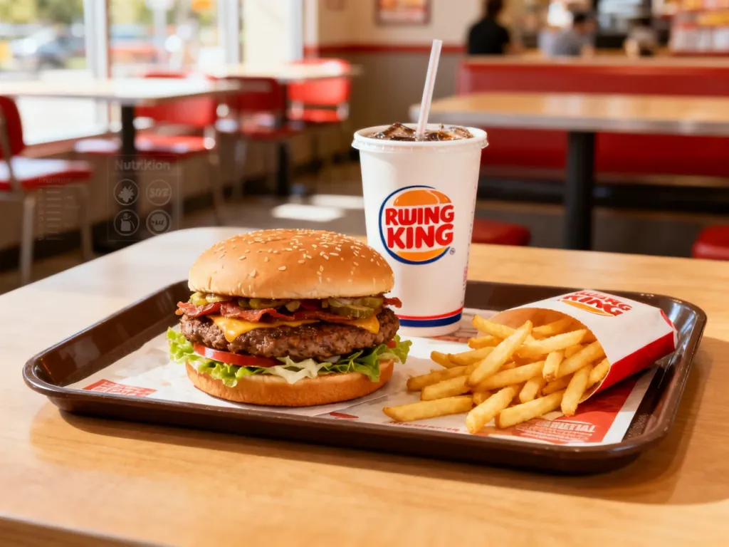 Zestaw fast food z burgerem, frytkami i napojem na tacy, z subtelnym tłem nawiązującym do wartości odżywczych posiłku.
