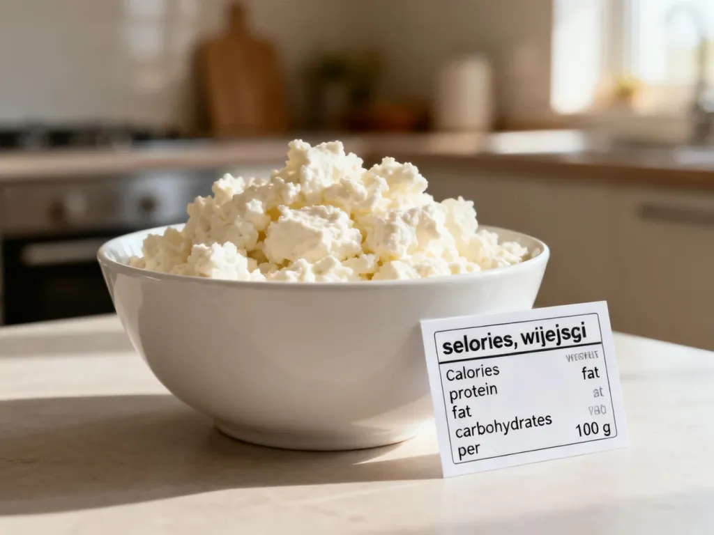 Miska świeżego serka wiejskiego z kartą informacyjną przedstawiającą wartości odżywcze w 100 g produktu.