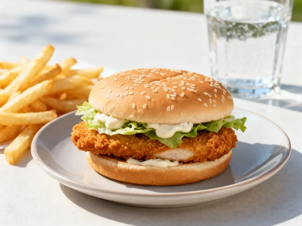 Apetyczna kanapka McChicken z kurczakiem, sałatą i sosem, podana z frytkami i szklanką wody na jasnym tle.