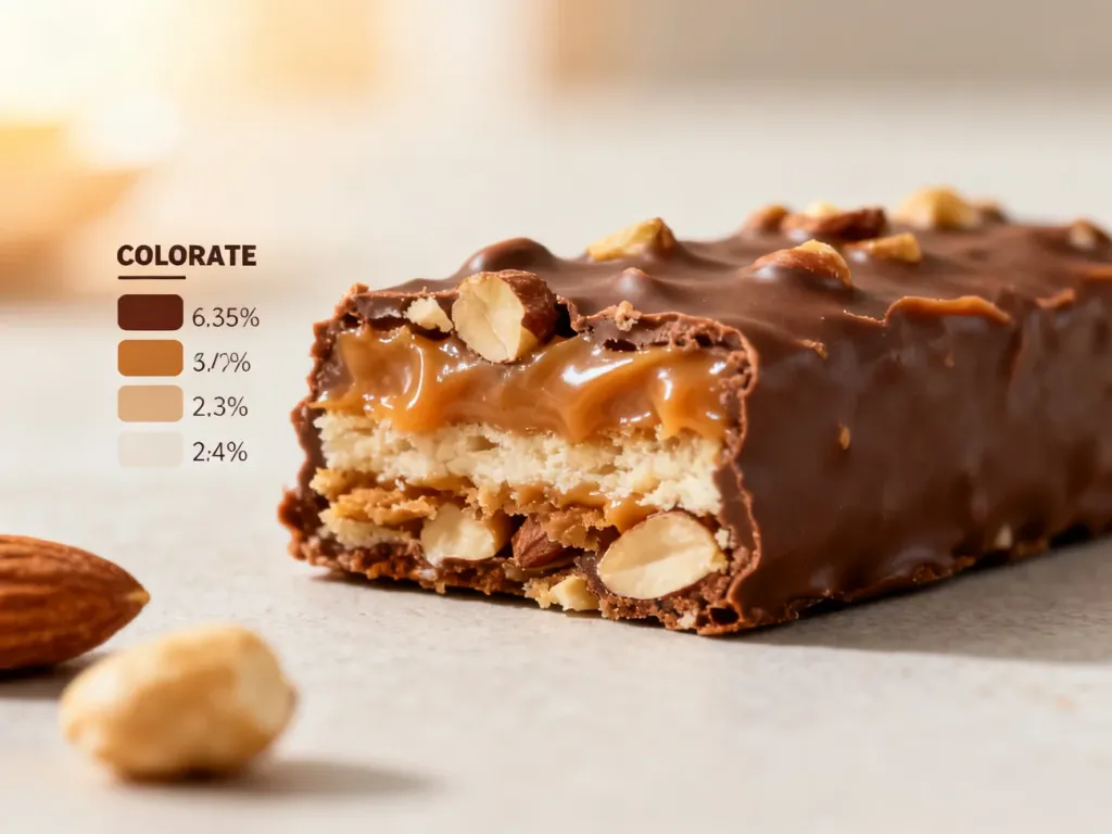 Przekrojony baton Snickers ukazujący warstwy karmelu, nugatu i orzeszków w mlecznej czekoladzie na jasnym tle.