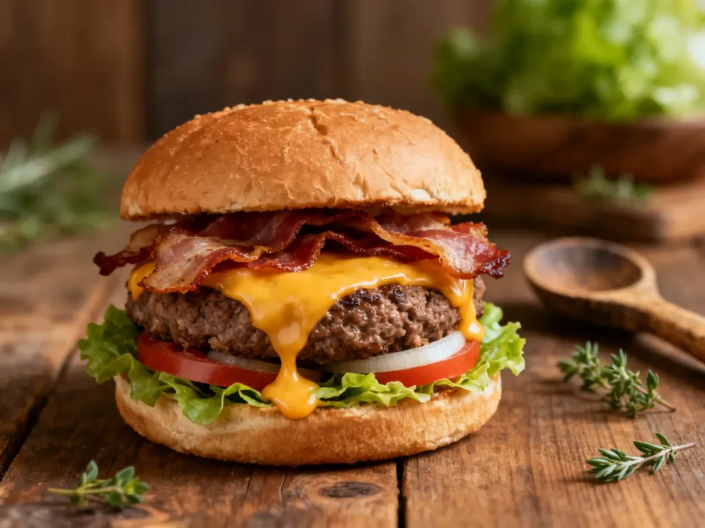 Apetyczny, domowy burger z wołowiną, serem i bekonem na drewnianym stole, przedstawiający kaloryczny posiłek.