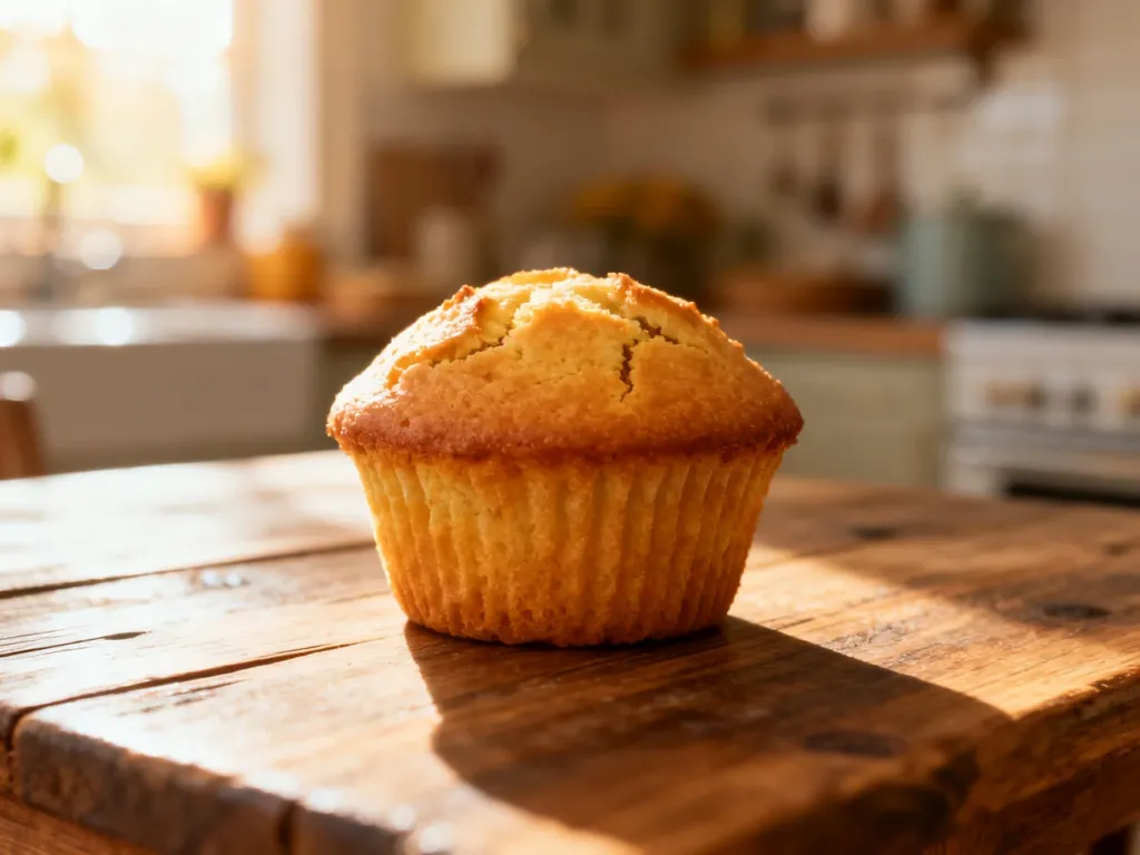 Idealnie upieczona, złocista muffinka na drewnianym stole w przytulnej kuchni skąpanej w porannym świetle.