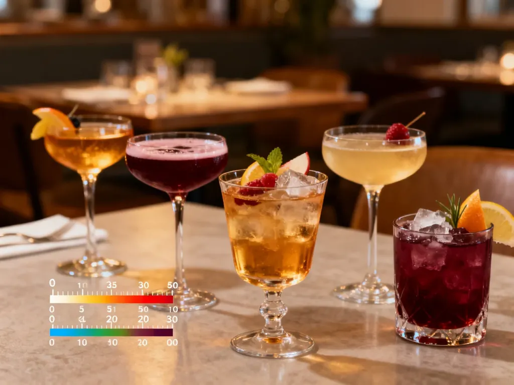 Różnorodne alkohole w eleganckich kieliszkach z subtelnymi oznaczeniami kalorii na tle nastrojowej restauracji.