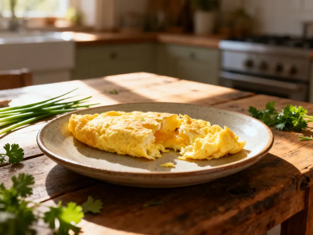 Puszysty omlet podany na ceramicznym talerzu, otoczony świeżymi ziołami na rustykalnym drewnianym stole.