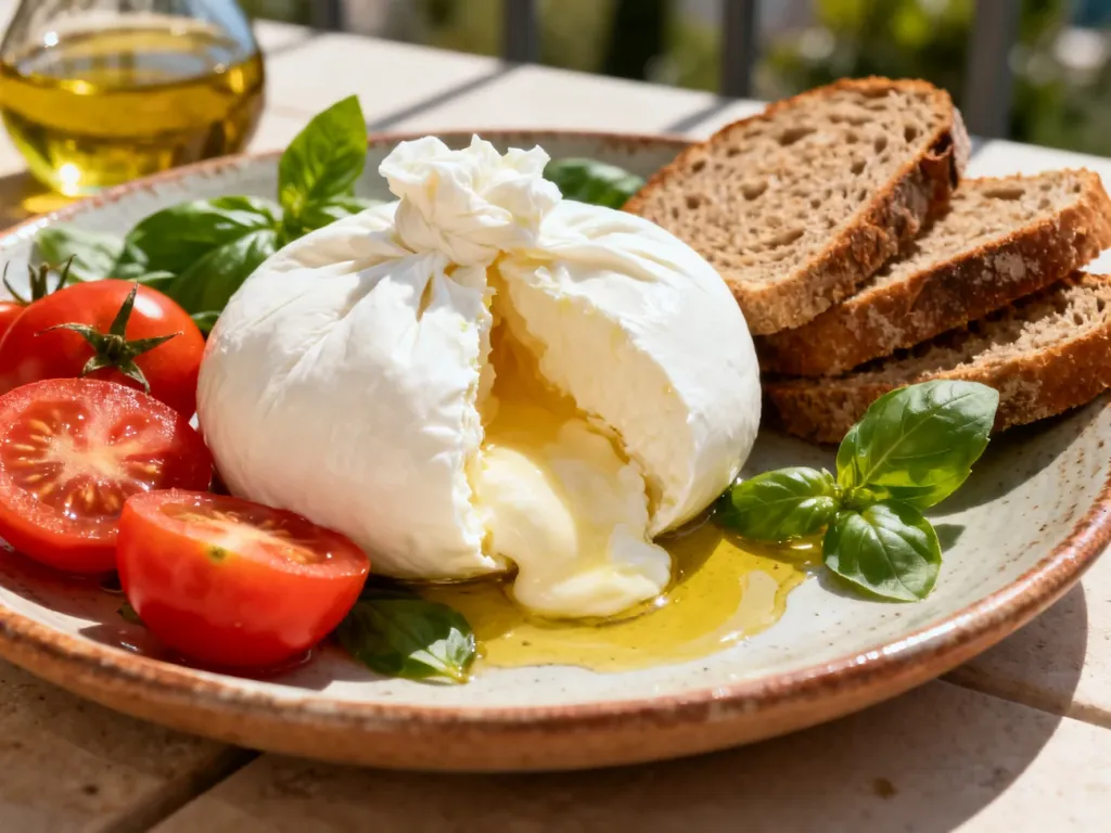 Apetyczna burrata z pomidorami, bazylią i pełnoziarnistym pieczywem na rustykalnym talerzu w słoneczny dzień.