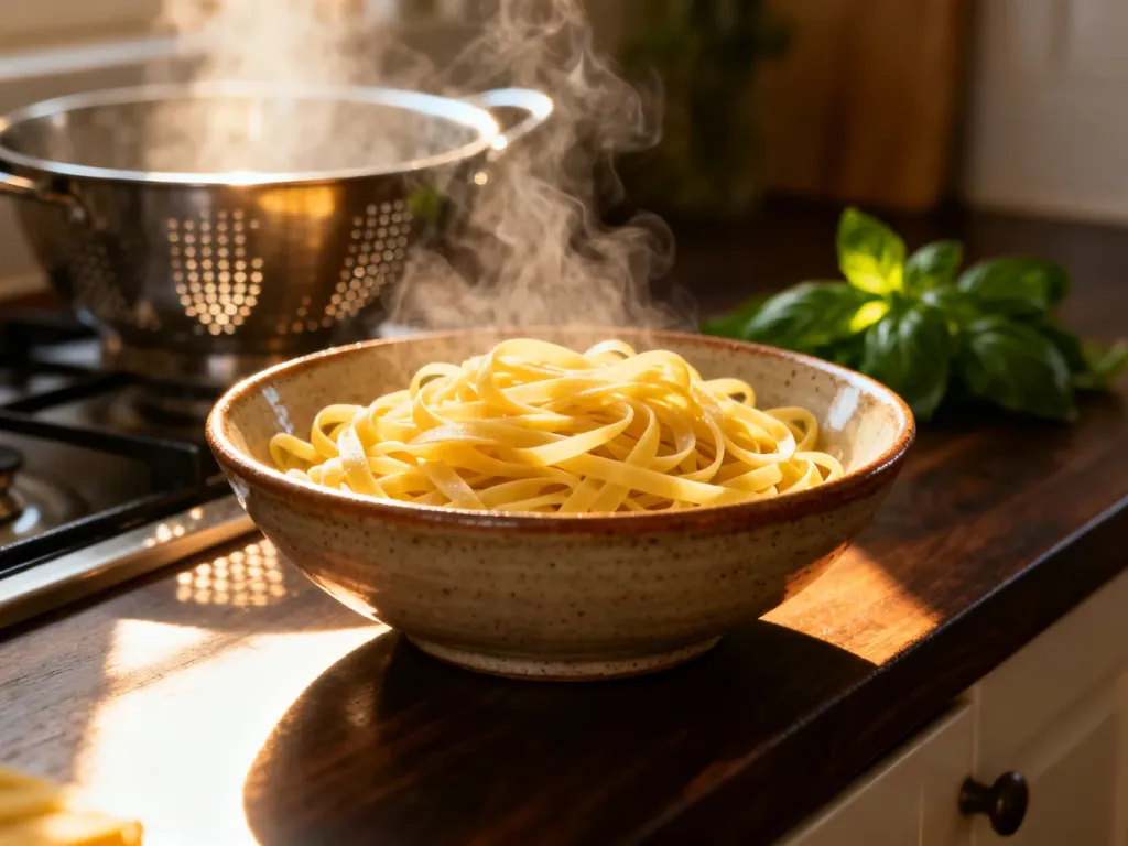 Ugotowany al dente makaron w ceramicznej misce na drewnianym blacie, gotowy do podania.