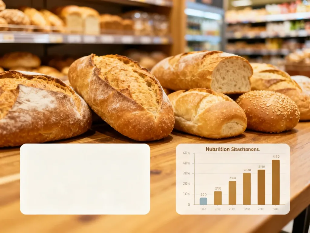 Świeże pieczywo z piekarni Lidl na drewnianym stole w otoczeniu ikon symbolizujących wartości odżywcze.
