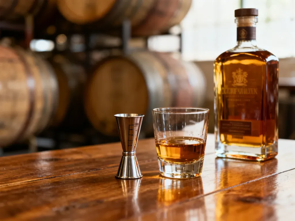 Szklanka whisky z miarką na drewnianym stole w otoczeniu beczek, ilustrująca temat kaloryczności alkoholu.