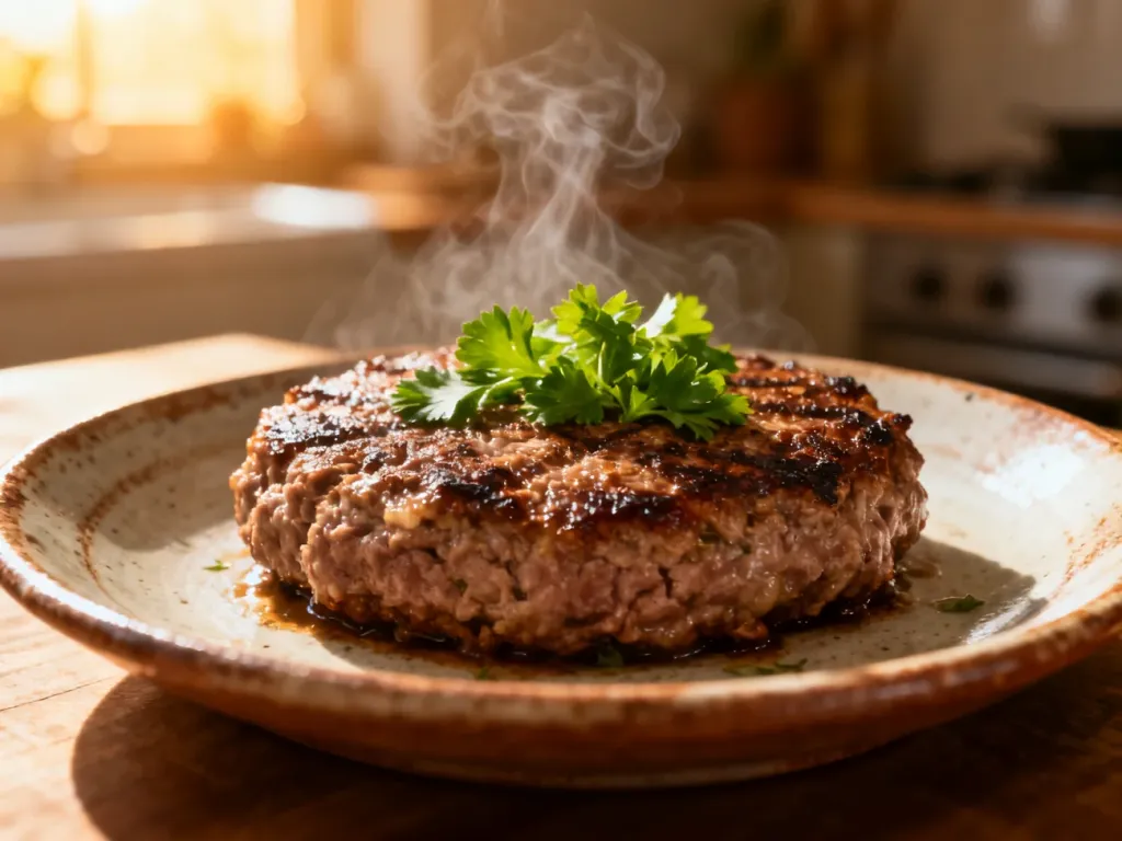 Soczysty kotlet mielony z natką pietruszki na ceramicznym talerzu, zachęcający do jedzenia swoim apetycznym wyglądem.