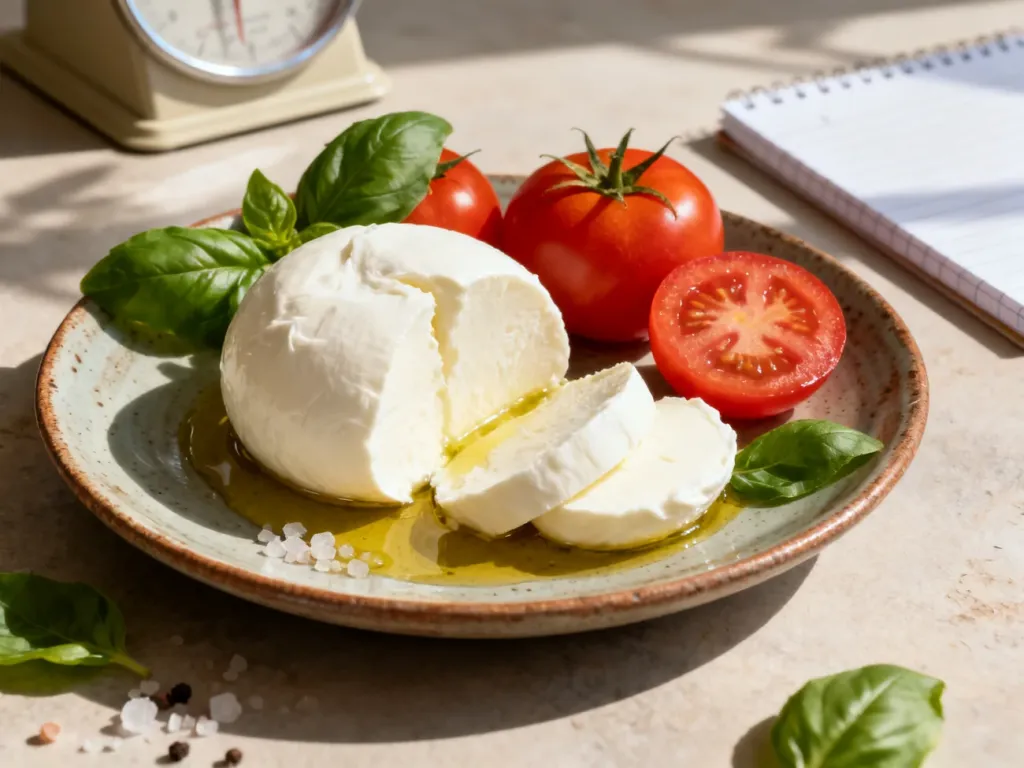 Świeża mozzarella z pomidorami i bazylią na rustykalnym talerzu, podkreślająca naturalne wartości odżywcze produktu.