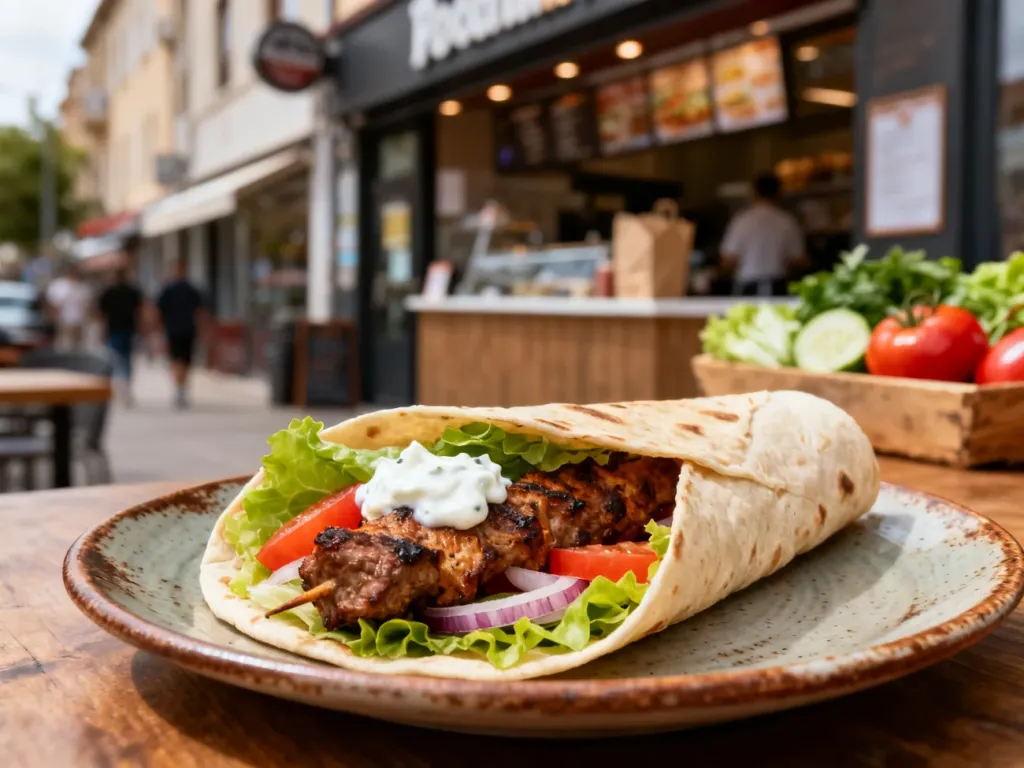 Apetyczny kebab w tortilli z grillowanym mięsem i świeżymi warzywami na rustykalnym talerzu.