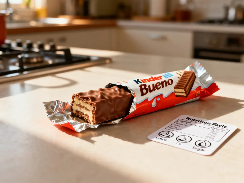 Częściowo rozpakowany baton Kinder Bueno leżący obok karty z informacjami o wartościach odżywczych na kuchennym stole.