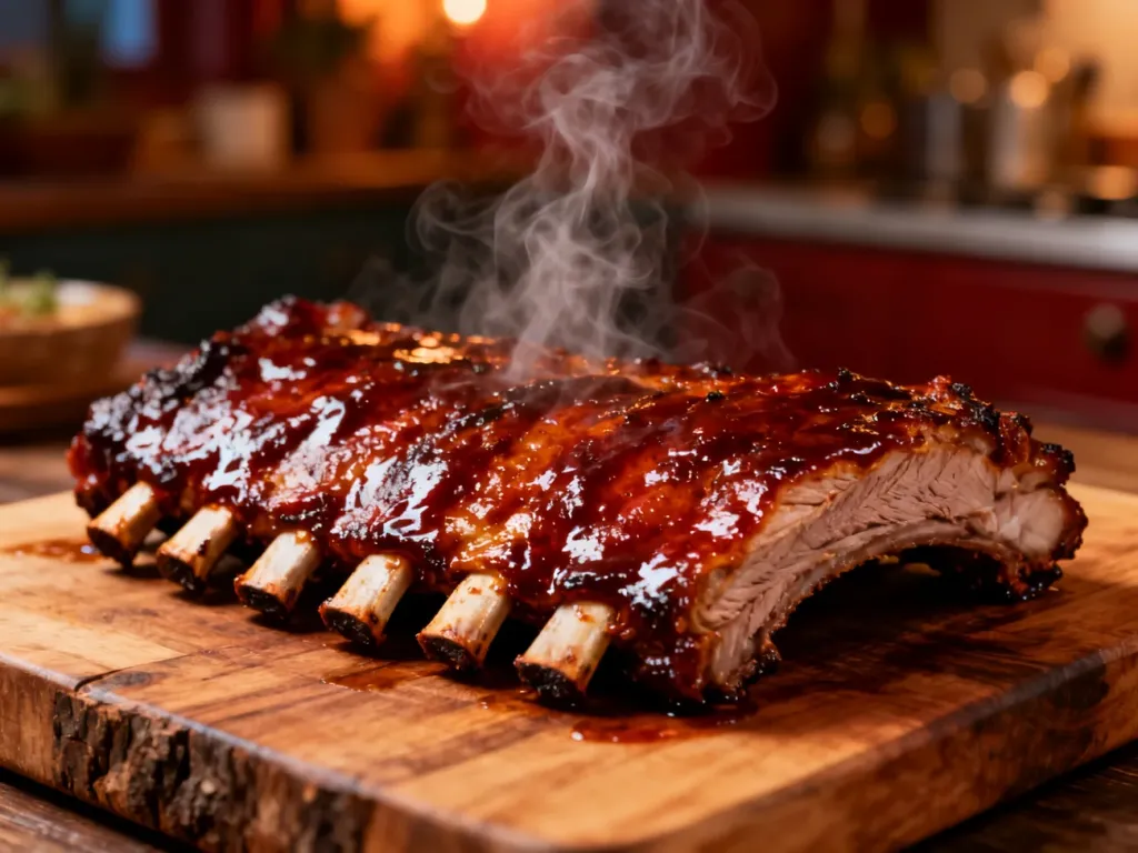 Apetyczne, soczyste żeberka w błyszczącej glazurze barbecue na drewnianej desce, z których unosi się delikatna para.