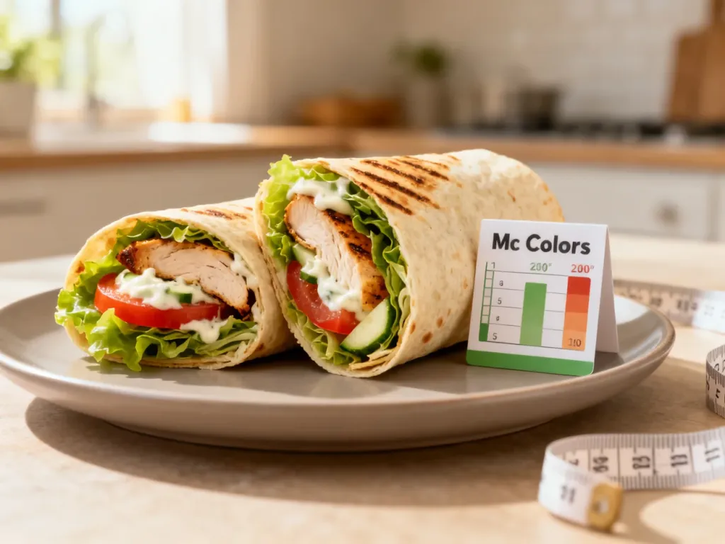 Przekrojony wrap z grillowanym kurczakiem i warzywami na talerzu obok miarki, ilustrujący kaloryczność posiłku.