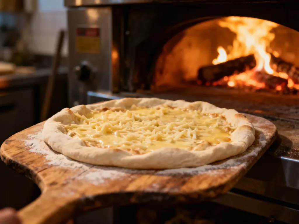 Niedopieczona pizza z surowym ciastem na drewnianej łopacie, wymagająca dalszej obróbki termicznej.