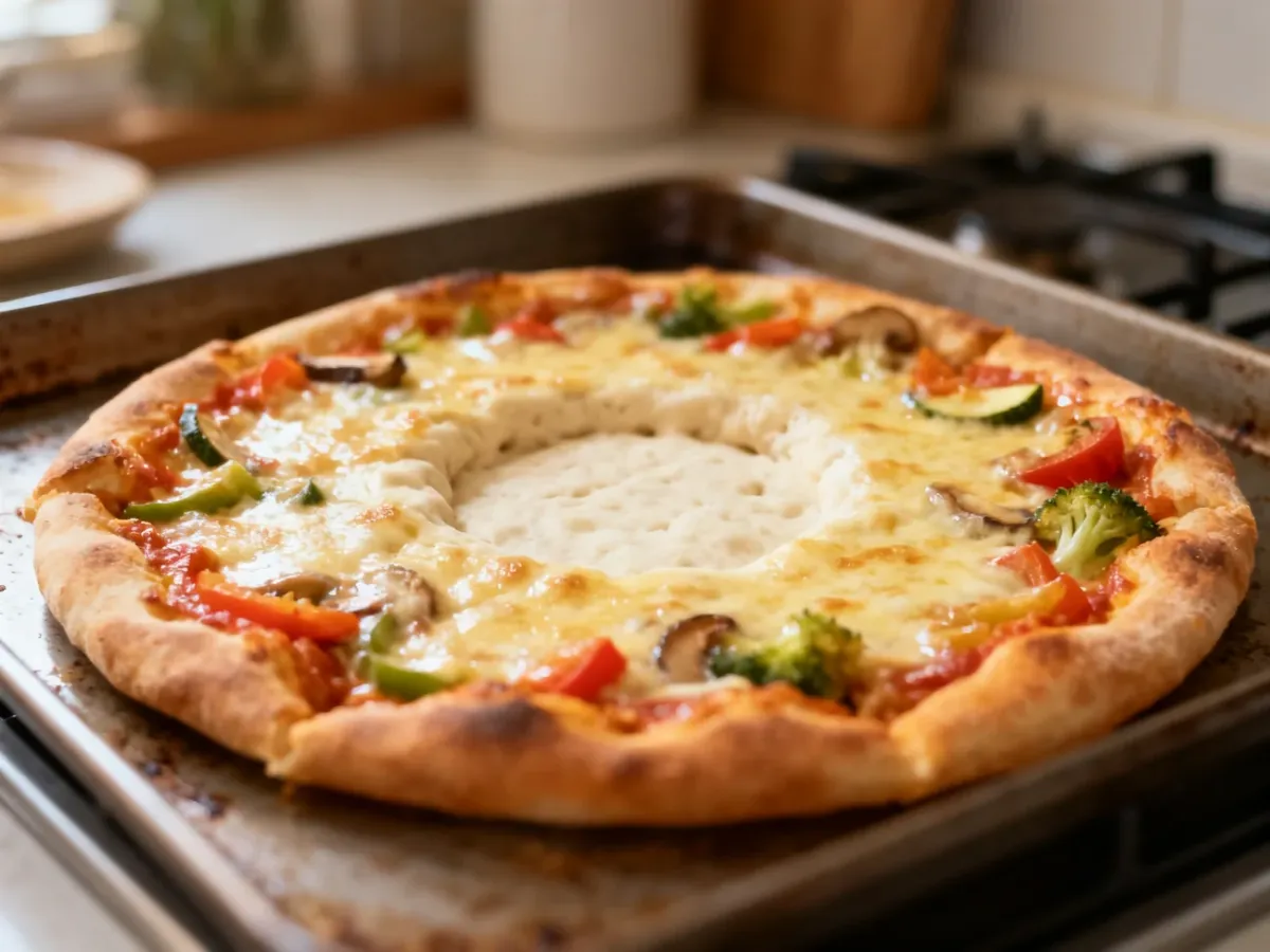 Niedopieczona pizza z miękkim środkiem na blasze kuchennej
