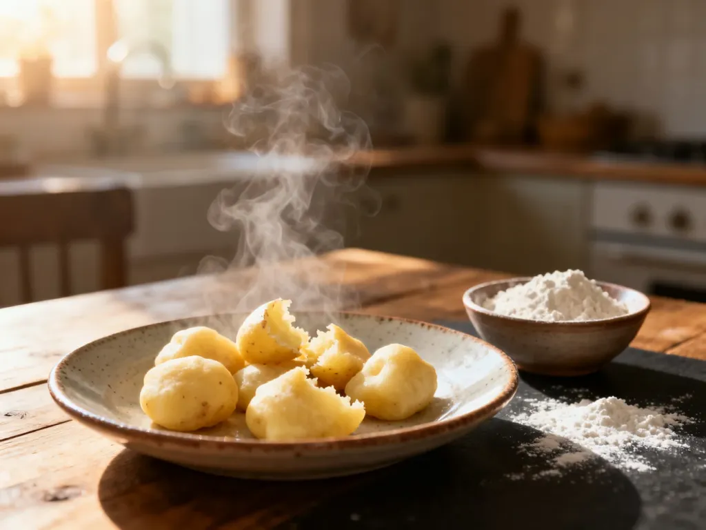 Parujące, domowe pierogi na drewnianym stole z widoczną mąką, ilustrujące proces przygotowania tradycyjnych dań.